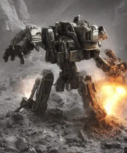 Crashed photorealistic futuristic destroyed mechanical mechwarrior transformer war hammer alien abandoned wreckage in old battlefield blast crater on the lunar surface ancient pyramid temple