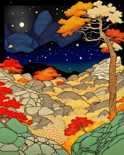Autumn colors, peaceful, Egon Schiele, Max Ernst, night sky filled with galaxies and stars, rocks, trees, flowers, one-line drawing, sharp focus, 8k, deep 3d field, intricate, pastel colors, ornate, one million strokes, Vietnam, Japan