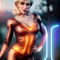 Realistic image classic superhero portrait, waist up view, blonde woman, sweet Marylin Monroe face, perfect iris, glow eyes. lycra tights suit, epic style, vibrant color, highly detailed, unreal engine 5, ray tracing, RTX, lumen lighting, ultra detail, volumetric lighting, 3d, finely drawn, high definition, high resolution.