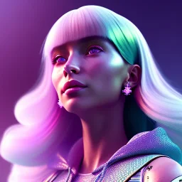 A portrait of a crystalised girl,smiling, longs normal hairs white , atmospheric, realistic,, cinematic lighting, octane render,, pink turquoise light, diadème