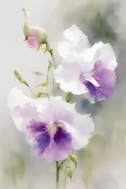 watercolor painting, by Richard Schmid, ((best quality)), ((masterpiece)), ((realistic, digital art)), (hyper detaile), watercolor painting, Masterpiece, intricate details, Richard Schmid, style, intricate details, sweet pea flowers, white background, vivid coloring, some splashes