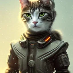 Cyberpunk Portrait of cyborg cat child with brown hair and with cute face, north pole snowy vibe , perfect composition, hyperrealistic, super detailed, 8k, high quality, trending art, trending on artstation, sharp focus, studio photo, intricate details, highly detailed, by greg rutkowski