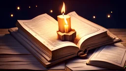 cartoon stylized low poly 3D render style ancient old fantasy book open view from top, lying on a wooden surface, lit with candle, pages are empty and clean, paper is old