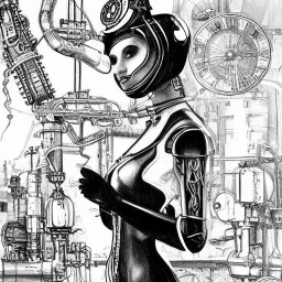 great illustrator, spanish, pencil sketch of a cute girl, beautiful, steampunk syle, black and white. Helmet with tubes. venetian style. Machinery in the background. robotic bird fkying. High details.