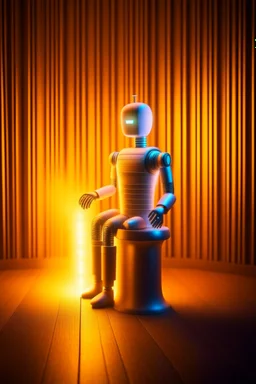 cute chat robot sitting on throne in the sauna, its such a perfect day i am glad i spent it with you, motion blur, smoke, 4k, downlight, soft light, depth of field, photorealism, trending on art station