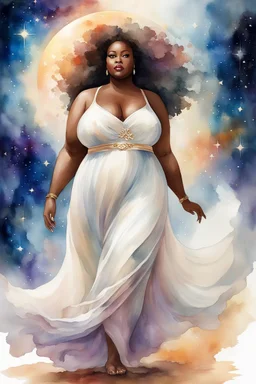 In this galaxy digital watercolor painting, we witness the majestic presence of an African plus-size female as she moves with grace and elegance. She strides confidently forward, each step a testament to her inner strength and beauty. Adorned in an off-white maxi dress that billows around her like a celestial cloud, she exudes an aura of ethereal charm. Her hazel eyes sparkle with wisdom and warmth, framed by prominent makeup that accentuates her features. A coy smile plays upon her lips, hint