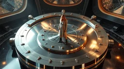 picture of a very huge real working physic based gyroscope with mirror surfaces in a inter star environment ,a very pretty lady with modern clothing boots standing on main turning disk of gyroscope.1x1.