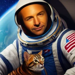 hyper-realistic portrait of astronaut with his pet cat inside spaceship, 8k resolution, high-quality, fine-detail, detailed matte, intricate, 3D octane render, illustration, digital art, brian froud, howard lyon, anna dittman, greg rutowski,
