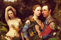 man and woman in colorful jungle by Caravaggio