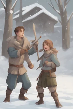 DnD style, two medieval peasant kids playing in the snow male and female, age 14 and 15, happy and playful, he has a short sword.