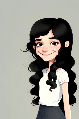 cartoon character of a cool and happy girl with long curly black hair with black eyes an small nose and white skin