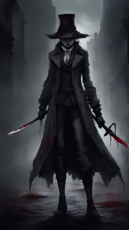 Bloodborne style girl with bloody eyes holding a katana and the atmosphere is dark and the time is 1800s london themed