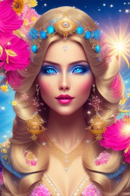 Beautyful smiling young woman, long hair amazing blue eyes, flowers, happy cosmic, bright colors, blue, pink, gold, jewels, realistic, photo real, clear sunny background, highly detailed, high contrast, 8k high definition, unreal engine 5, extremely sharp detail, light effect, sunny light backgroundgold, jewels, realistic, photo real, clear sunny background, highly detailed, high contrast, 8k h