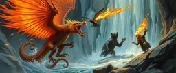 phoenix octopus bird witch bear dragon in icy waterfall looks beyond really powerful slapping a bird in the face with fire, fantasy illustration, in the style of Rembrandt