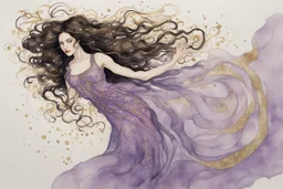 Dynamically dancing long haired brunette woman, in Klimt style, in lilac, watercolor and ink, golden glitters