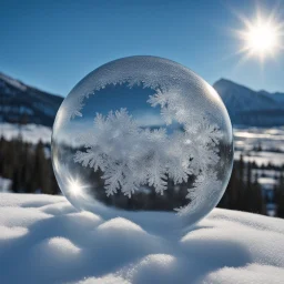 Frozen bubble in front of a snowy mountain landscape, the bubble has wonderful icecrystals and the sun is shining, frozen, cold outside, beautiful small ice flowers in front of the bubble