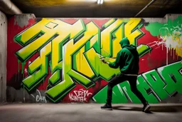 painted on concrete wall of underpass a young cyberpunk hacker paints a complicated colorful / uppercase all-white graffiti text in text: "WINTERMUTE"; street art, graffiti green-yellow-black triotone, wall painted matte black and yellow and deep red, semi-front view, low angle, daylight, cinematic, dramatic