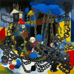 A black spongy fortress filled with chains painted by Wassily Kandinsky