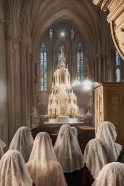 7 sisters wearing lace veil praying in church.cinematic