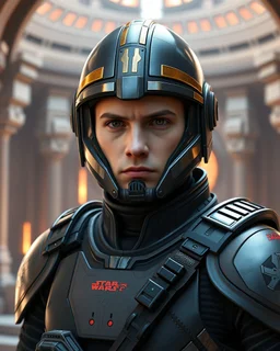 star wars bald male corellian pilot wearing pearlescent black and gunmetal grey First Order special forces heavy assault armor and helmet with gold and metallic red trim inside the jedi temple, centered portrait, hyperdetailed, dynamic lighting, hyperdetailed background, 8k resolution, volumetric lighting, light skin, fully symmetric details