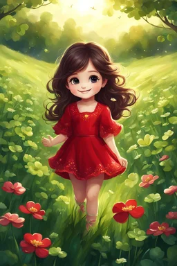 Adorable digital painting of a cute little girl in a gorgeous red dress smiling in a field surrounded by clover, cute chibi face, glowing eyes, long dark hair, high quality