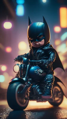 An Angry Kawaii tiny hyper realistic baby batman riding mini harley davidson sportster, wearing bikers batman clothes with shooting action, night of cyberpunk city background. wide angle full body, 8k, Cinematography, photorealistic,epic composition Unreal Engine,Cinematic, Color Grading, Portrait Photography,Ultra-Wide Angle, Depth of Field, hyper detailed