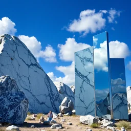 Un'immagine di un paesaggio naturale con marmi blu e bianchi, imponenti, accanto a strutture artificiali verticali. Questi blocchi rettangolari di vetro riflettente, che creano un contrasto tra il naturale e l'artificiale. Cielo blu intenso.. Persona osserva. La scena trasmette un senso di dialogo tra elementi organici. Dettagli degli specchi e delle rocce molto accentuati. Nuvole