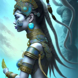 Sango fantasy, fantasy magic, intricate, sharp focus, illustration, highly detailed, digital painting, concept art, matte, art germ and Paul Lewin and Kehinde Wiley, masterpiece Mayan princess dancer head bronze feather's' Asian Latin girl nice breast Thai hair turquoise silver blue under water