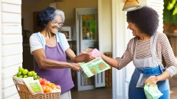 strung out woman receiving cash for her groceries to lady at house