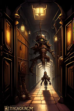 A steampunk dungeon hallway with a knight clockwork robot rpg cover art