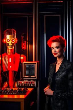 Portrait of a radio host and a Terminator-style robot in a burning radio studio