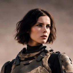 beautiful sexy caucasian female soldier, black metal body and limbs, visible cybernetic limbs, scratched sand camo, no armor, short brunette wavy bob haircut, dystopian, desert scene