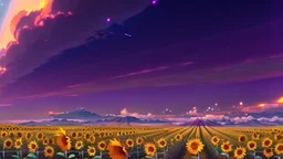 purple sky full of stars, sunflower field, anime, high res, makoto shinkai