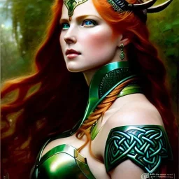 portrait 'beautiful Sexy Busty Redhead Sif',braided long hair,horned helmet, celtic tattoed,crystal clear green eyes,painting by gaston bussiere, greg rutkowski, yoji shinkawa, yoshitaka amano, tsutomu nihei, donato giancola, tim hildebrandt, oil on canvas, cinematic composition, extreme detail,fit full head inside picture,32k