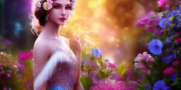 bright fairy, beautiful portrait, flowery landscape