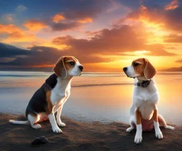 a beagle sitting on a beach and watching sunset with facing towards the sun