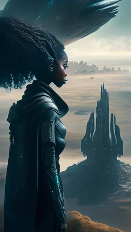 black-clad woman looking down on an sci-fi landscape with spaceship, detailed matte painting, fantastical