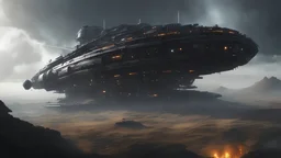 infinite landscape view small black metallic ovni spacecraft in the sky , realistic, cinematic, 4k, epic Steven Spielberg movie still, sharp focus, emitting diodes, smoke, artillery, sparks, racks, system unit, motherboard, by pascal blanche rutkowski repin artstation hyperrealism painting concept art of detailed character design matte painting, 4 k resolution blade runner, Miki Asai Macro photography, close-up, hyper detailed, tr