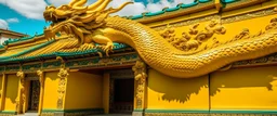 A golden yellow temple with a mythical dragon designed in Mayan architecture painted by Salvador Dali