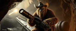 movie poster, portrait interview cowboy Abominable Yeti climbing outside space ship in cave holding huge mounted chain gun, motion blur, smoke and steam flashlights