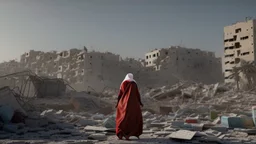 A Palestinian woman wearing a dress carrying very large bags of flour on her back, bending her back down in the destroyed Gaza City, and aid boxes descending from planes near the sea, with a large number of children looking up.