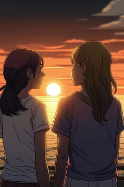 gün batımını izleyen 2 kız 2D biraz daha detaylı daha fazla detay ve 2d yüzleri hafif görünüyor yüzleri görünüyor farklı bir tarzda detaylı