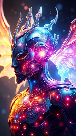 A shimmering, ethereal silicon sentinel, guardian of a mythical realm, emanates an otherworldly glow. This fantastical being is depicted in a detailed digital painting, showcasing its intricate circuitry etched in glowing patterns. The image captures every minute detail, from the intricate filigree adorning its metallic surface to the pulsating energy emanating from its core. The colors dance with an intensity that seems to leap off the screen, drawing the viewer into the enchanting world of thi