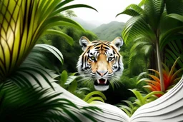 white,background,looking,through,a 3-d, hole,or,window,,and seeing tiger in tropical jungle, make,sure,all,fits,on,the,page