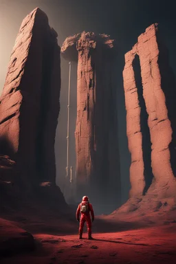 Mysterious huge ancient Rocky pillar with scifi gate attached with a astronaut (red suit) standing near the gate, destroyed, foggy condition wide-angle, cinematic lighting, perfect golden ratio composition detailed ground environment, haze, ultra-detailed, film photography, light leaks, Larry Bud Melman, trending on artstation, sharp focus, studio photo, intricate details, highly detailed, by greg rutkowski