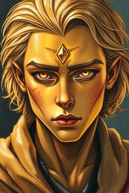 Man. Golden metallic skin with accents, Full golden glowing eyes without sclera, Golden medium hair, torn robe, teenage, small golden stone in forehead, paint drawing