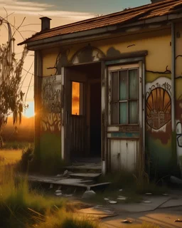 abandonaded house, near little road, break windows, wooden door, graffiti on facade, sunset