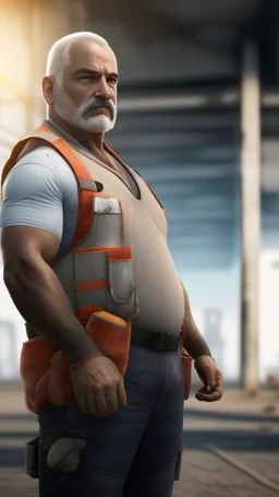 full figure shot photography of two turkish dirty burly construction workers chubby sweat 55 years old in tank top, safety vest, manly chest ,in queue on a sidewalk,, photorealistic, sunlight, summer, ambient occlusion