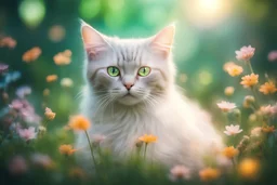 diaphanous colorful transparent light cat with glowing center on green leaves and flowers, ethereal, otherwordly, cinematic postprocessing, bokeh, dof