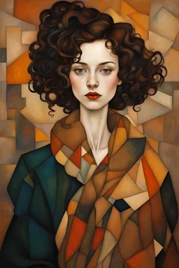 Woman in the style of argon Schiele + Gustav Klimt. Rich, lovely colors, full cubism style